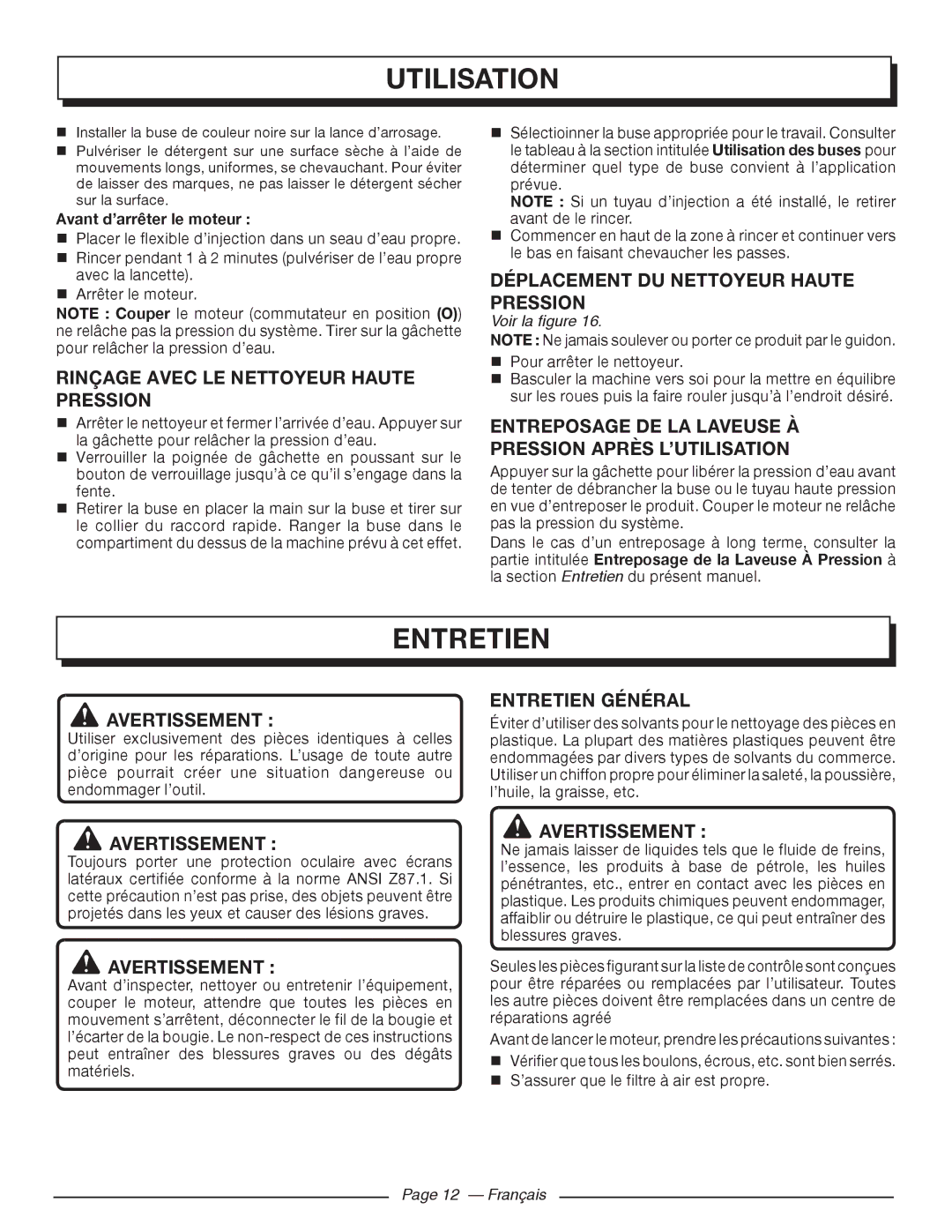 Homelite UT80993 Entretien, Rinçage Avec LE Nettoyeur Haute Pression, Déplacement DU Nettoyeur Haute Pression 